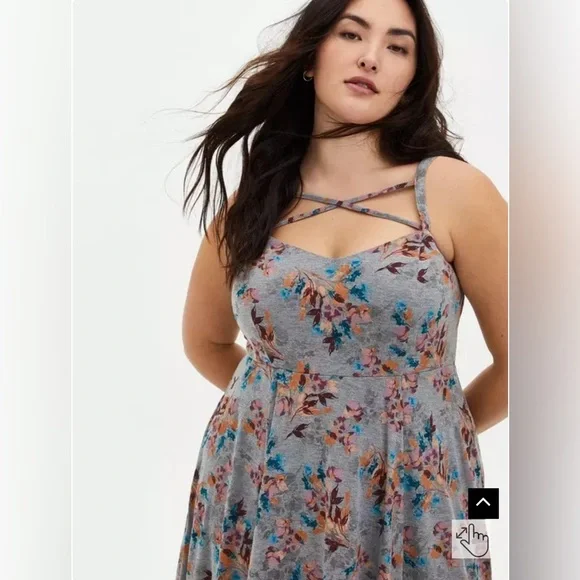 *Torrid Maxi Jersey Tiered Strappy Dress Grey Floral Size 2  2X - Picture 3 of 11